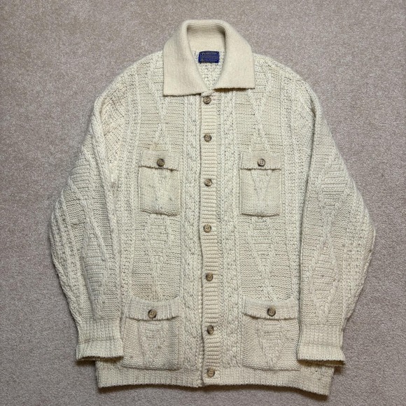 Pendleton Other - Vtg Pendleton Cardigan Sweater Mens XL Fits L White Wool Aran Cable Knit USA 70s
